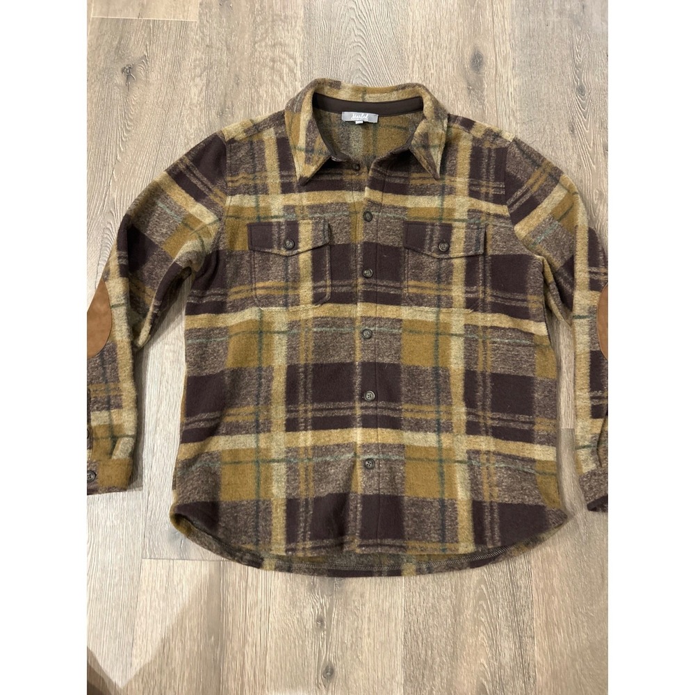 Marled Reunited Clothing Mens Plaid Flannel Shirt Jacket Elbow Patches Brown M - Picture 2 of 10
